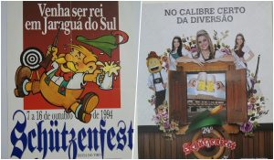 Cartaz da Schützenfest de 1994 com mascote e de 2012 com realeza e canecos de chope