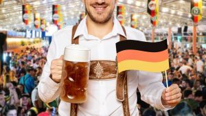 Pavilhão da Schutzenfest com alemao segurando chope